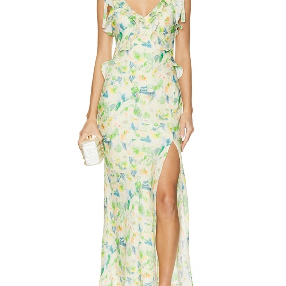 ASTR The Label Sorbae Floral Ruffle Maxi Dress Yellow Green XS